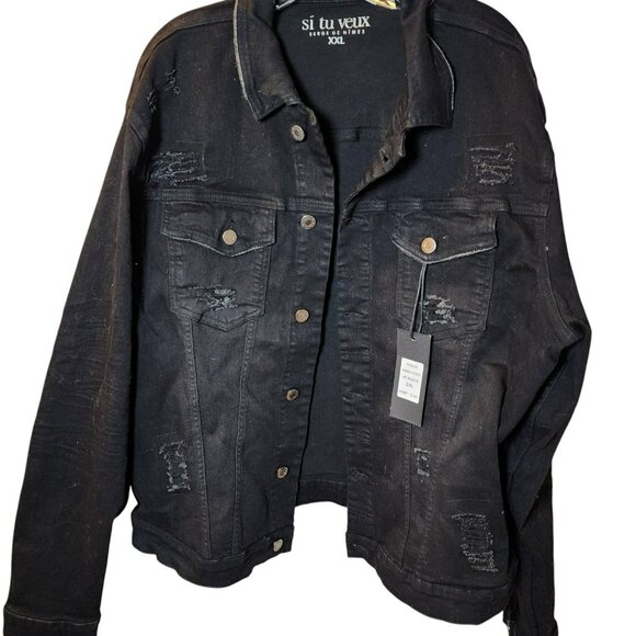 Si Tu Veux Warren Jacket XXL Black Denim Distressed Jean Trucker Style NWT - Picture 1 of 11